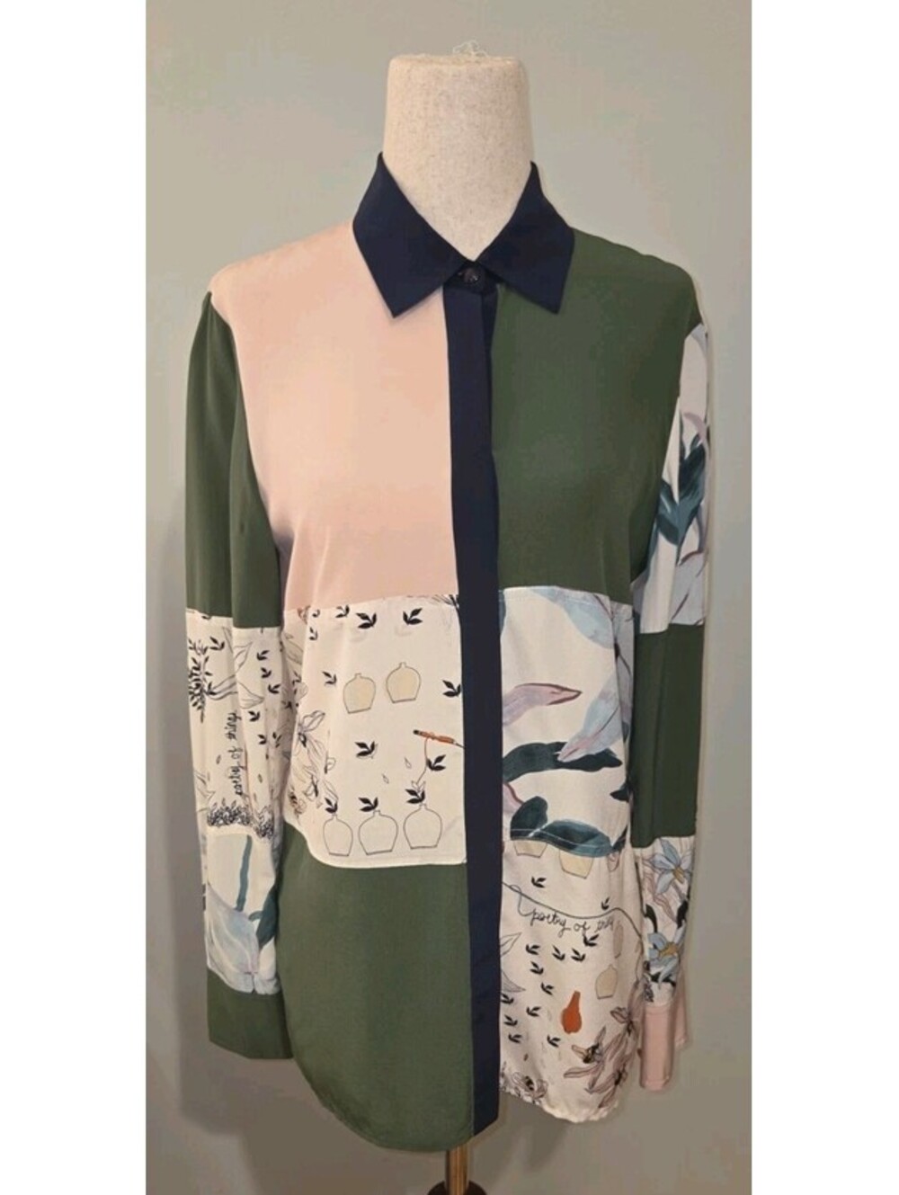 Tory Burch Sz 2 Patchwork Silk Shirt Green White Pink Ivory Poetry Print Blouse - Picture 5 of 9